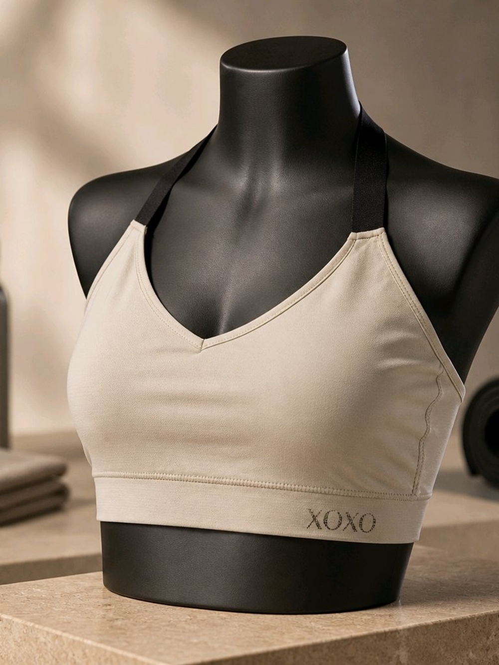 XOXO Neutral Beige Halter-Style Sports Bra with Black Straps